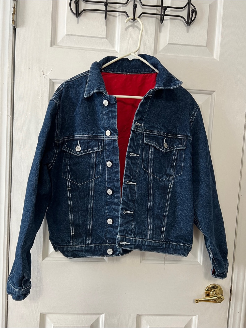 Men's Dark Blue Denim Bomber Jacket with Red Lining